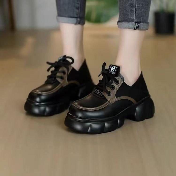 Platform Internet Celebrity Loafers Women's 2025 New Black Small Leather Shoes French Soft Sole Heightening British Style Lace-up Single Shoes