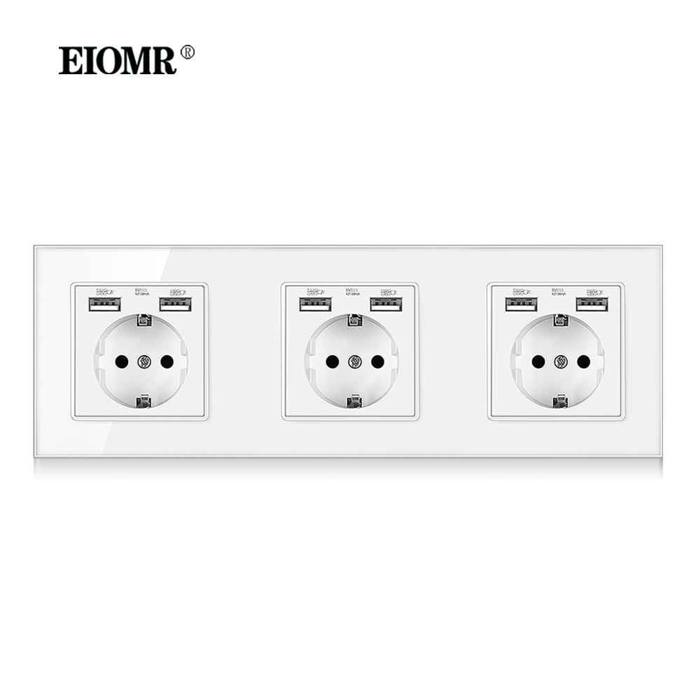 EIOMR EU Standard 16A Tempered Crystal Glass Panel Wall Socket Power Outlet Electrical Plug with Usb 5V 2100mA Ac110-250V White