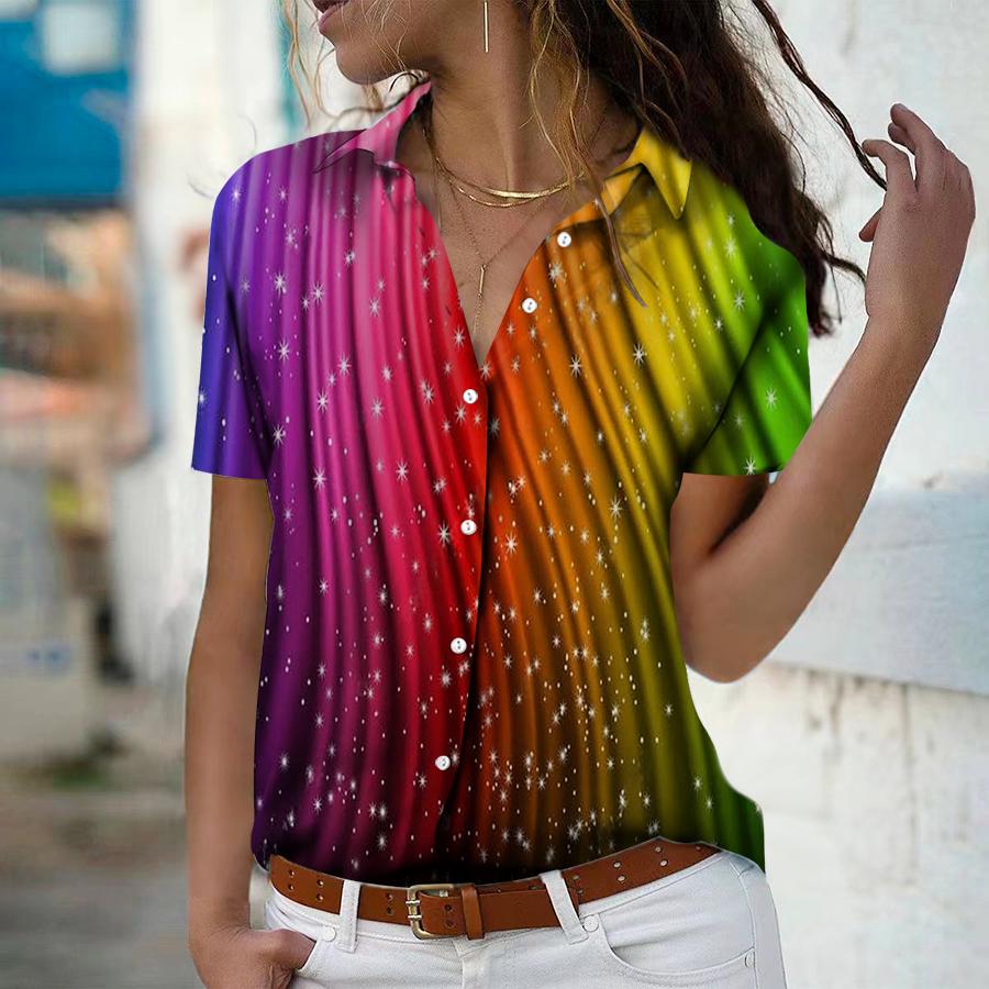 

Лето 2023, новая модная женская рубашка с короткими рукавами и v-образным вырезом, украшенная звездами и принтом, повседневная рубашка на пуговицах, топ