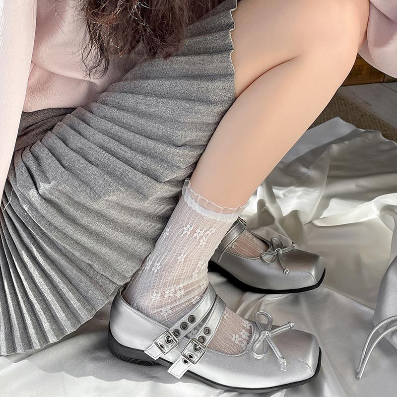 Fashion double buckle belt women flats square toe bowtie mary janes shoes cute lolita shoes soft bottom loafers woman brogues flats