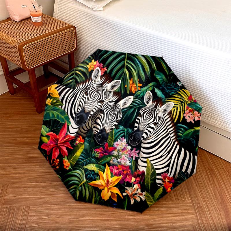 1 PC Automatic Folding Umbrella - Zebras In Tropical Flowers Pattern, Portable & Foldable Design with 8 Ribs, Christmas Birthday Gifts