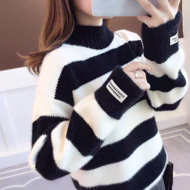 2023 Winter Thick Mink Fleece Stripe Sweater Women 4 Color Pullover Short Jumper Ladies Long Sleeve Half High Collar Tops Female