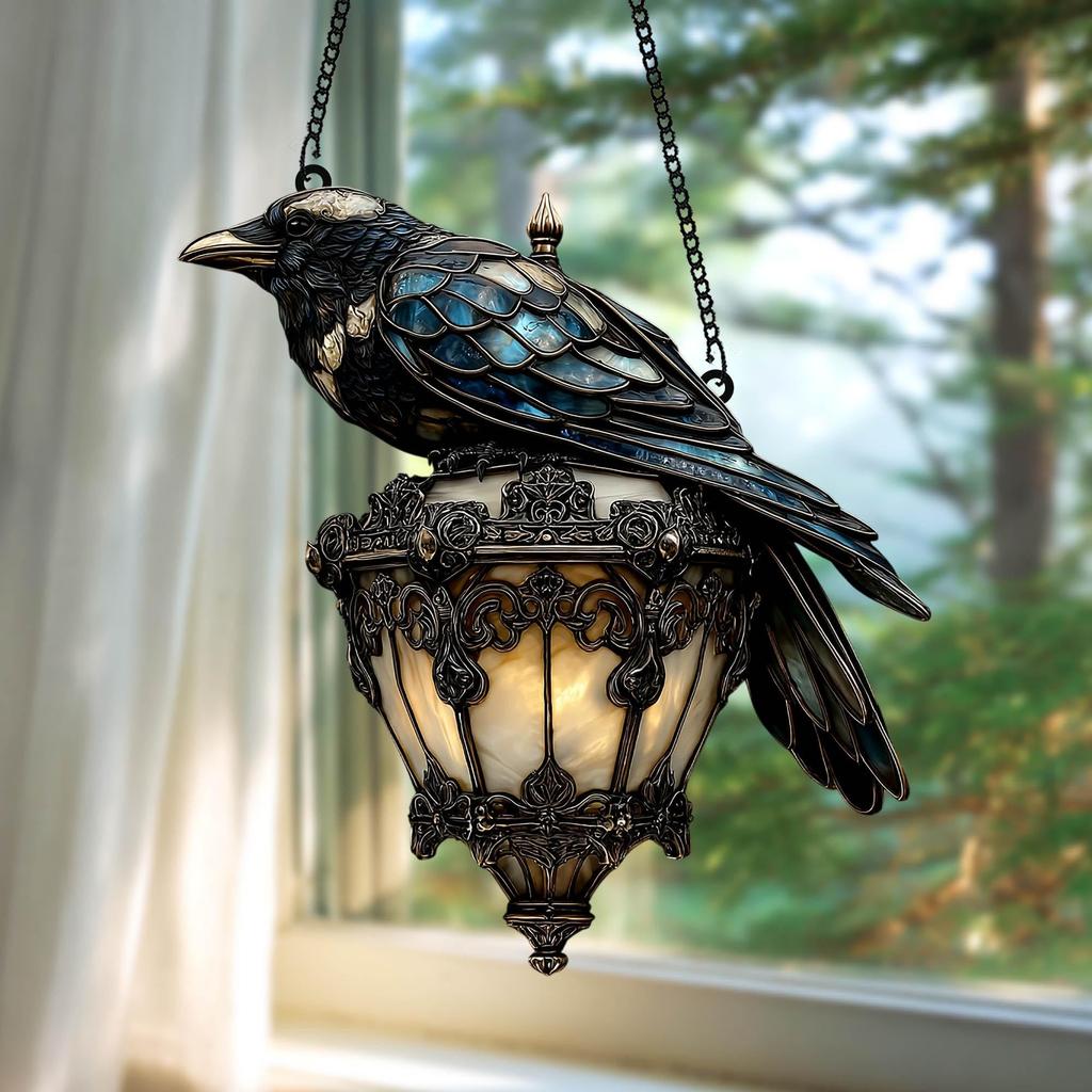Gothic Raven Decor Decorative Acrylic Sun Catcher Faux Stained Glass Window Hanging Exquisite Halloween Crow Decor For Study