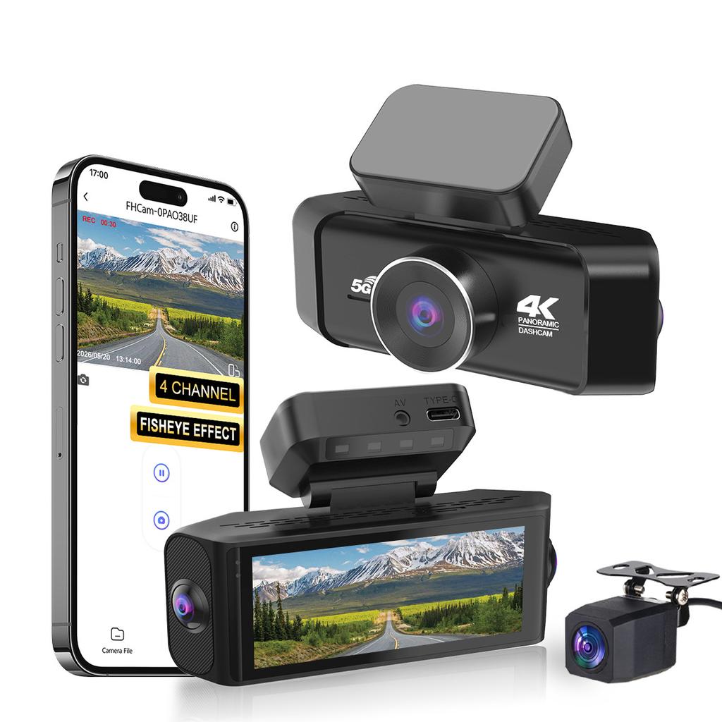 4K 360° Quad HD Dash Cam, Night Vision, WiFi, 4 Lenses, Rear Backup Camera