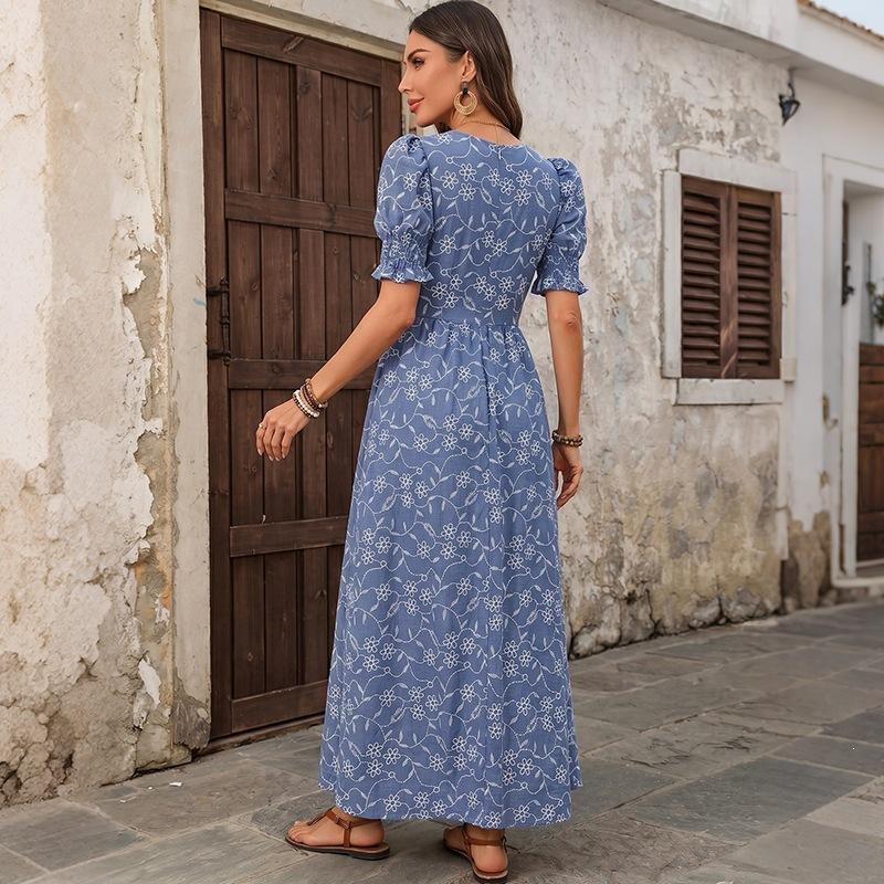 New fresh idyllic long dress square neck bubble sleeve flower dress women