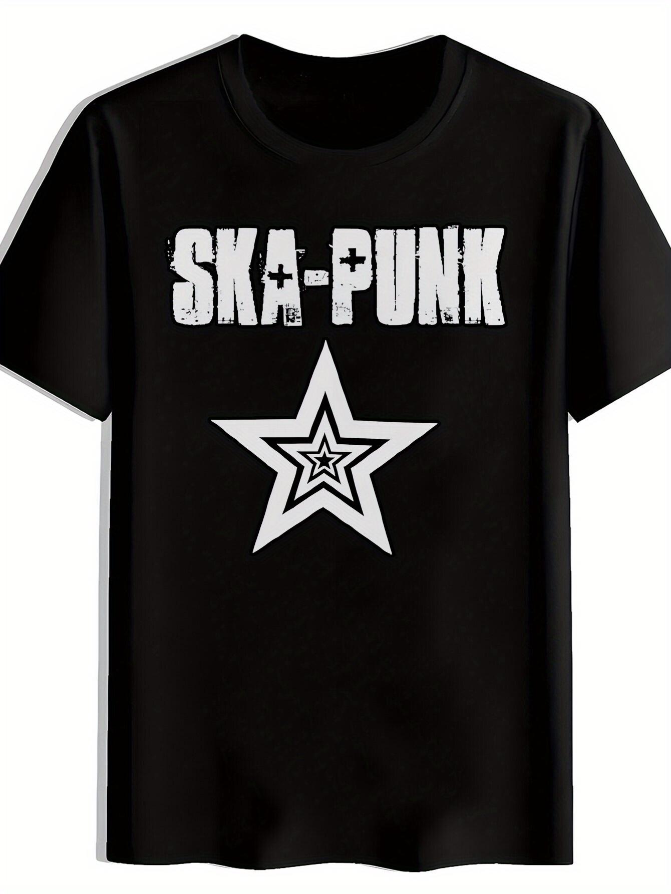 

Vintage Rock Band Graphic T-shirt - Black Distressed SKA-PUNK & Star Print Short Sleeve Tee XXL