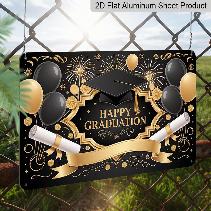 2D Flat, 1pc "Happy Graduation" Black & Gold Plaque, 12”*8" - Graduation Decor Sign with Cap & Diploma, Black & Gold - Aluminium Wall Hanging