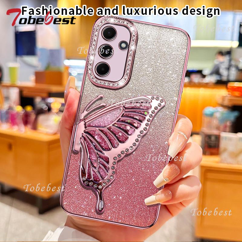 Diamantový třpytivý tekutý pouzdro s držákem ve tvaru motýla pro Samsung Galaxy A17 A16 A26 A36 A56 A06 A15 A25 A35 A55 A14 A24 A34 A54 5G kryt