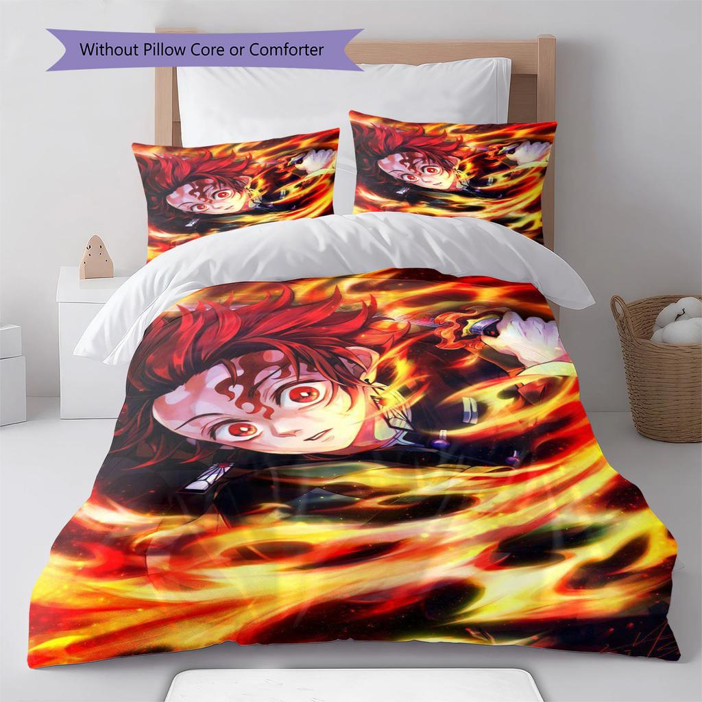 Demon Slayer Nezuko Kamado Smiling Face Anime Bedding Set Duvet Cover Polyester Soft Bed Linen Set -QJY