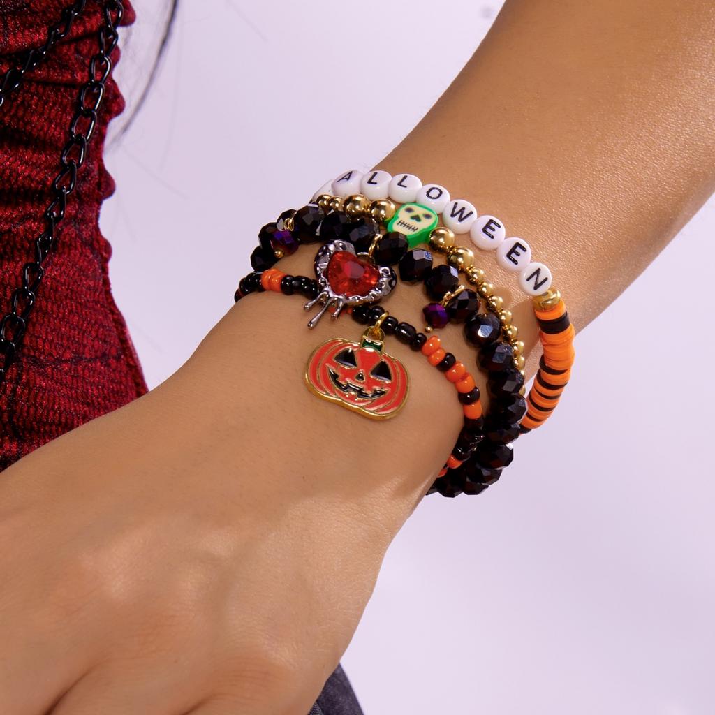 Halloween Charm Bracelet Skull Ghost Heart Pumpkin Bat Spider Crystal Beads Multilayer Soft Clay Boho Jewelry Gift For Women Men