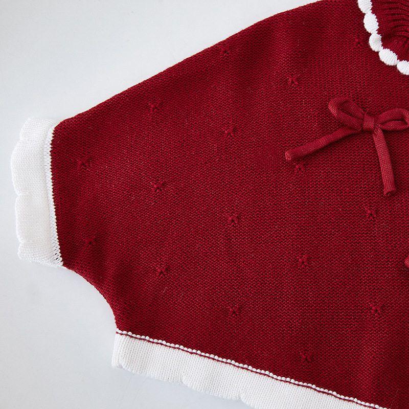 Girls' Knitted Cardigan Spring and Autumn Stylish Lapel Children's Sweater Coat Baby Cape Red New Year Top