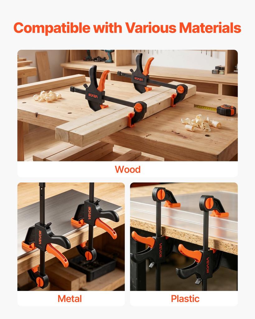 VEVOR Bar Clamps for Woodworking, 8-Pack, 15.24 cm and 30.48 cm, with Spring Clamps, One-Handed Clamp/Spreader, 70 kg Load Limit, Quick Release