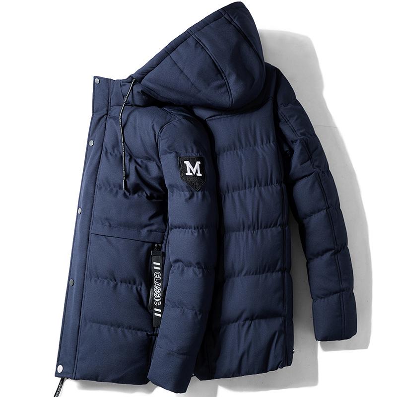 618 Men's Mid-Length Hooded Winter Jacket - Warm, Thick Plush Cotton-Padded with Ribbed M-Shaped Design