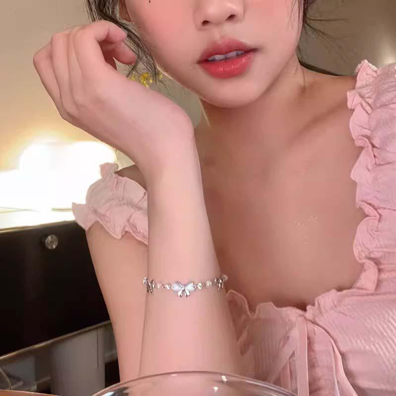 Silver Bow Pearl Bracelet, Women's Korean Bracelet, Party Jewelry Accessory Gift