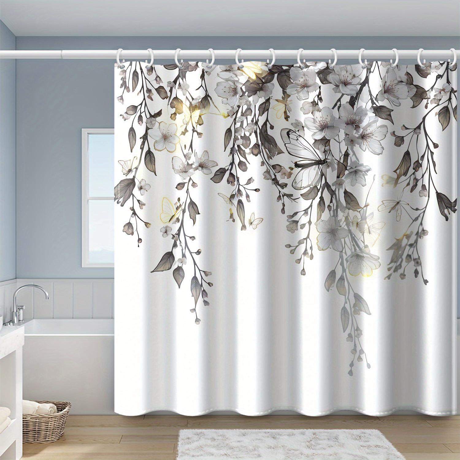 

1Pc White Gray Peach Flower Print Shower Curtain With Hooks, Polyester Fabric, Window And Wall, Suitable For Bathroom W60H190(CM)-1 Pcs