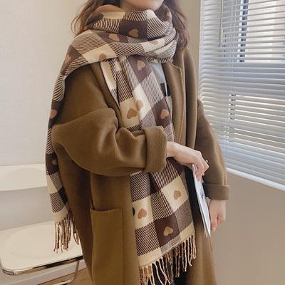 Love Plaid Long Beard Tassel Shawl Autumn and Winter Versatile Imitation Cashmere Scarf Women's Korean Style Scarf