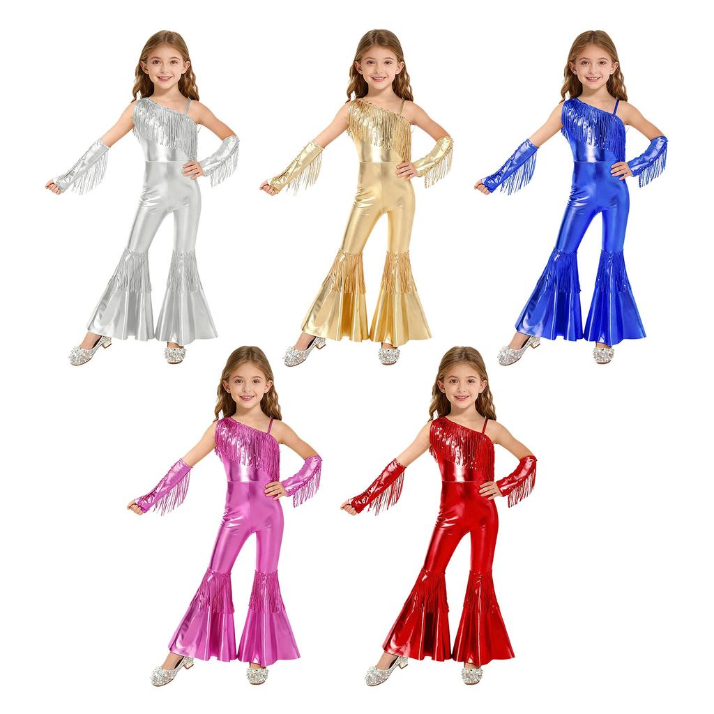 Girls Jazz Disco Costume Set: One Shoulder Sleeveless Sequins Tassels Jumpsuit with High Waist Flared & Gloves for Pageant Banquet Party