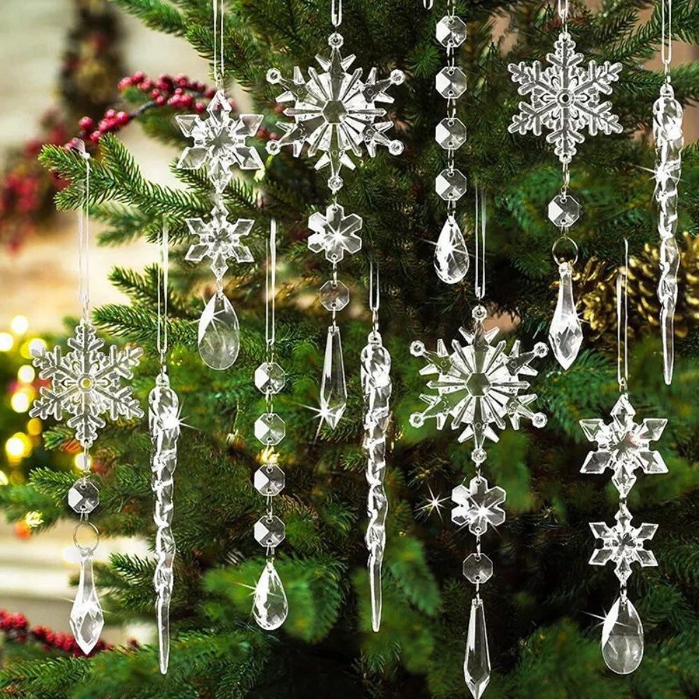 10pcs Crystal Christmas Ornaments for Tree Decorations-Hanging Acrylic Snowflake Icicle Ornaments with Drop Pendants for Winter Wonderland Chandelier