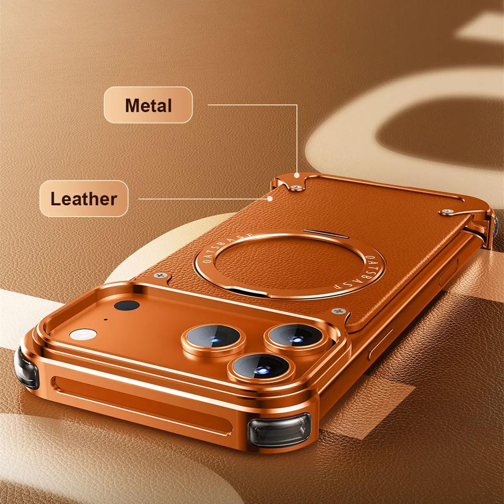 Luxury Genuine Leather Phone Case for iPhone 17 16 15 14 13 Pro Max Magsafe Magnetic Shockproof Bumper Cover With 360° Rotatable Ring Stand