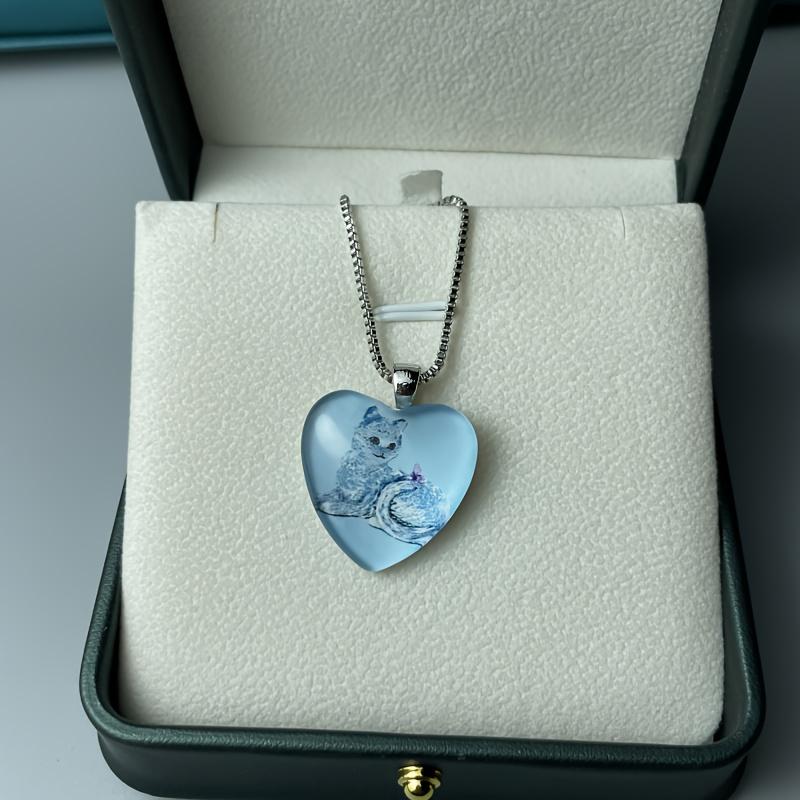 Cute Cat Pattern Heart-shaped Pendant Necklace, Cute Animal Jewelry, Birthday Party Graduation Gift Christmas Halloween Gift For Girls