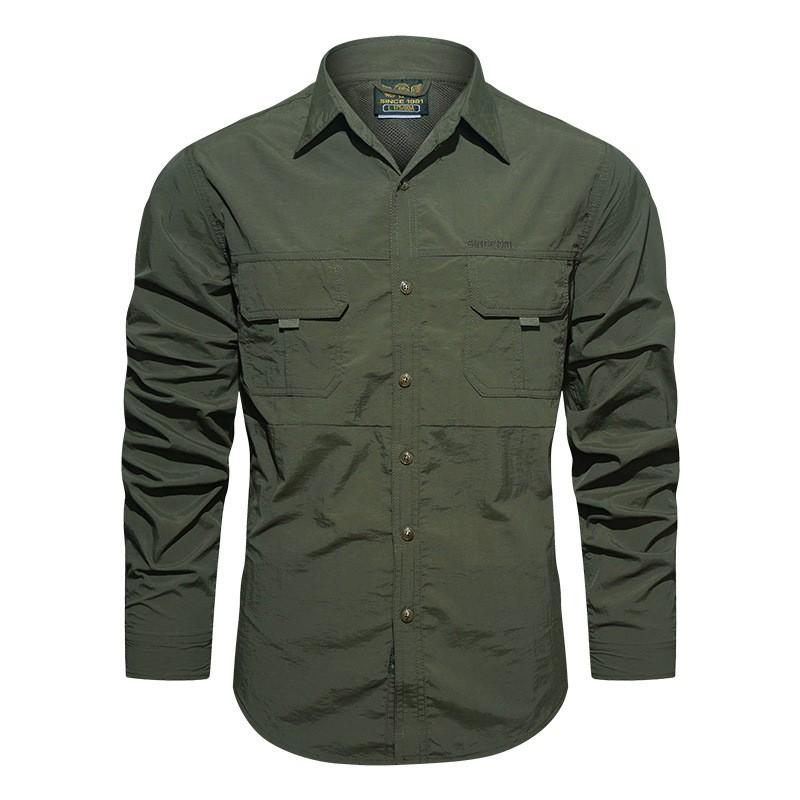 Mens Lightweight Quick-Dry Work Shirt With Multiple Pockets Loose Fit Cotton Long Sleeve Outdoor Casual