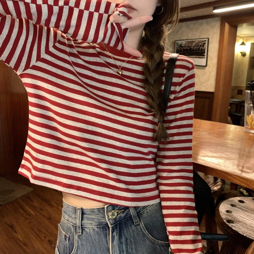 Striped Long Sleeved T-shirt for Women's Spring Autumn Female Clothing Short Casual Inner Layer Bottom Shirt Tops