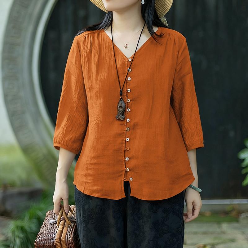 ZANZEA Women V-Neck Solid Color Loose 3/4 Sleeve Blouse