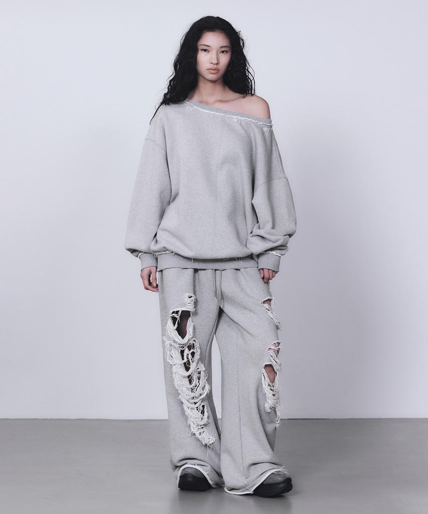 Teulimingbeodeu Scratch Damage Boat Neck Sweat Shirt [ Melange Gray ]