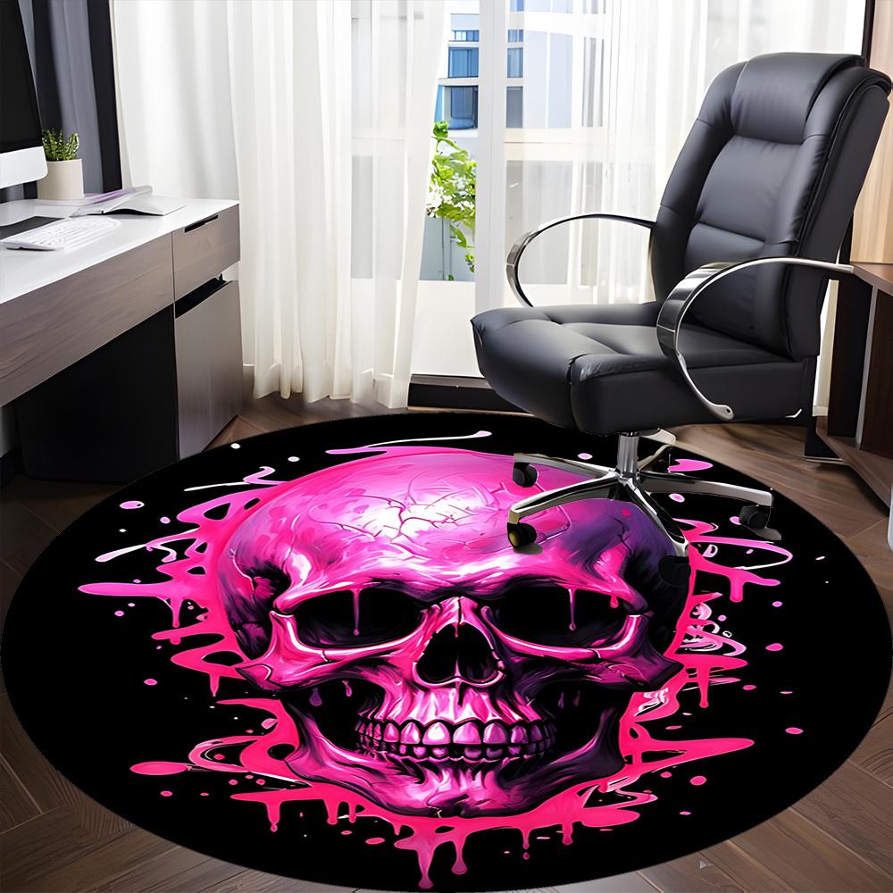 1PC Pink Skull Print Office Round Rug, Non slip, Soft and Durable Office Rug for Interior Decoration, Perfect for Office