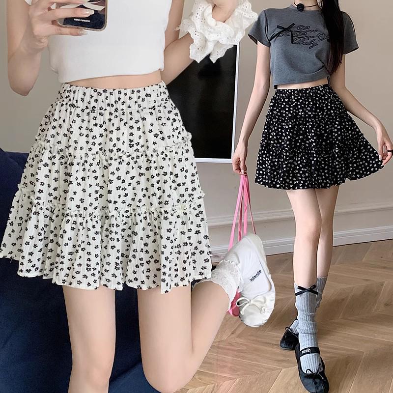 Women's Black Floral High-Waisted A-Line Skirt - Slimming Summer Cake Design for Petite