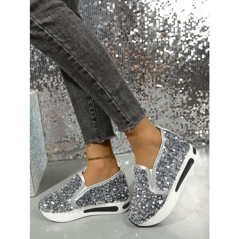 Women's Autumn Breathable Lace Sequined Mesh Slip-On Casual Sports Shoes, Height-Increasing White Footwear.