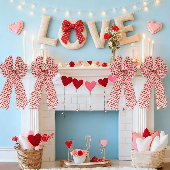 Valentine's Day Bow Heart Wreath Red Heart Christmas Tree Topper Bow Tie Decor for Romantic Party Home Celebration