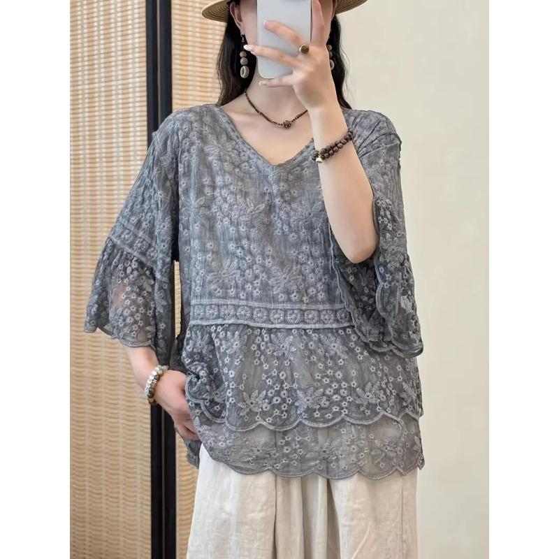 Damen Sommer Spitze Stickerei Bluse Boho Stil V-Ausschnitt Rüschen 3/4 Ärmel Top
