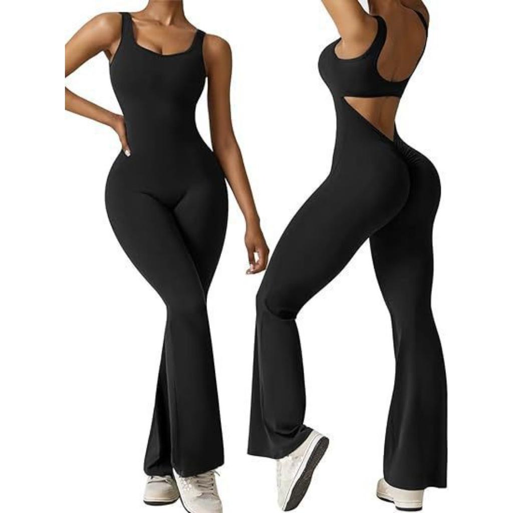 Women's Square Neck Sleeveless Jumpsuit Slim High Waist Back Cutout Flare Yoga Unitard