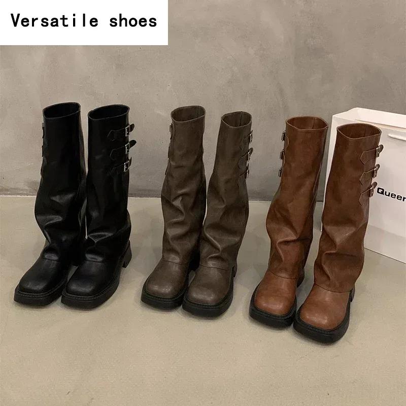 Vintercowboystövlar för kvinnor Mode Bältesspänne Långa Stövlar Kvinnliga Eleganta Fyrkantig Klack Damridstövletter