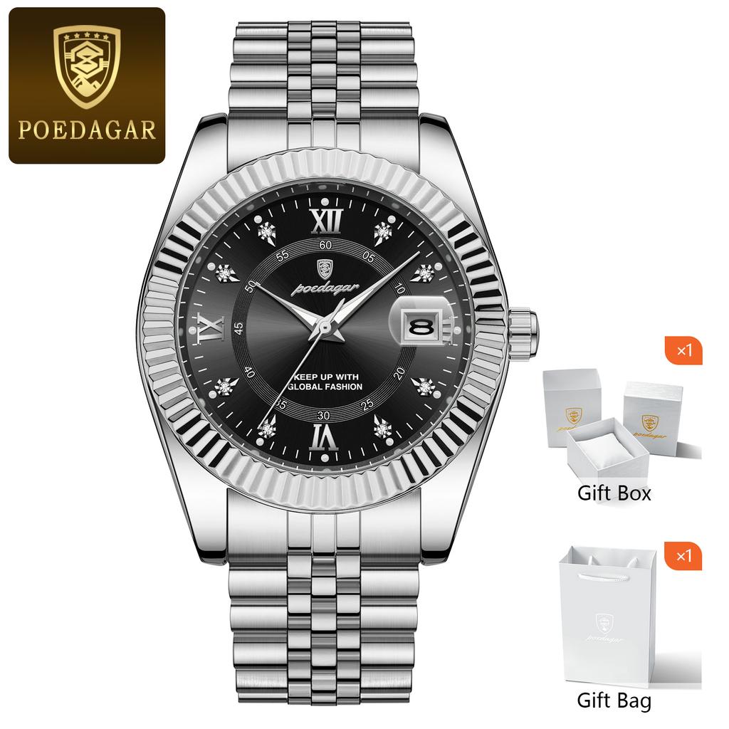 POEDAGAR Luxury Fashion Men Wristwatch Date Waterproof Luminous Man Watch Stainless Steel Business Quartz Men's Watches Gift+Box