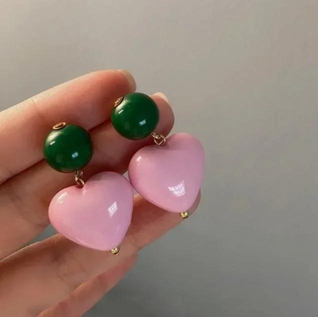 Fashion Gift Sweet Pink Heart Pendant Earrings Freshwater Pearl Contrast Earring Korean Design Candy Color Heart Beaded Necklace