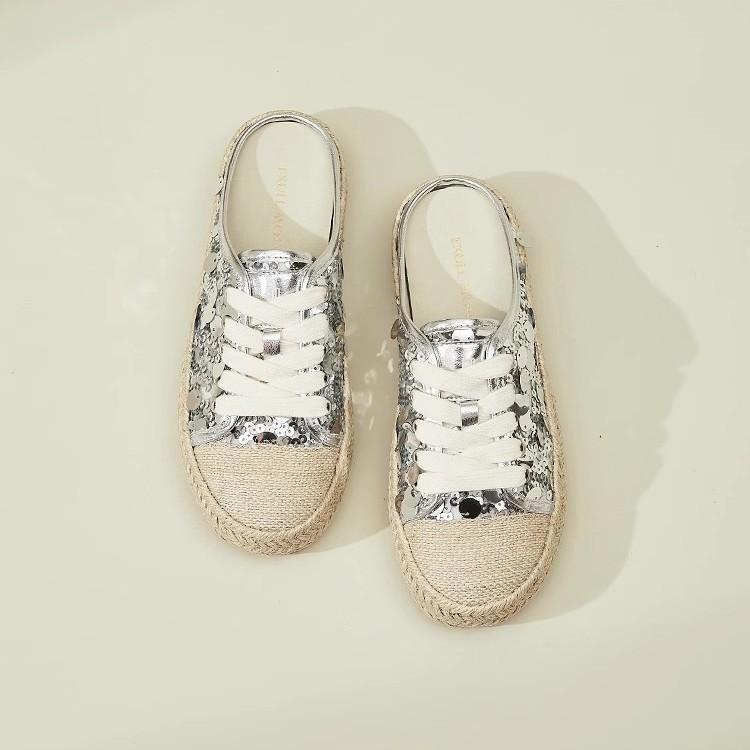 Fashion sequined bag head half slippers women's 2025 summer new thick-soled straw rope fisherman shoes without heel sandals