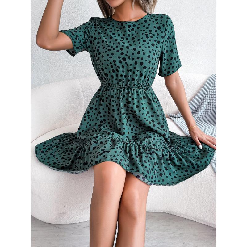 VEZFAA Kvinnemote Sommer Vår Polka Dot Print Kortermet O-hals Høy midje Uformelle kjoler