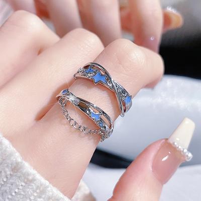 Niche Design Chain Double-Layer Open Ring Adjustable Cold Wind Blue Star Pair Ring Women