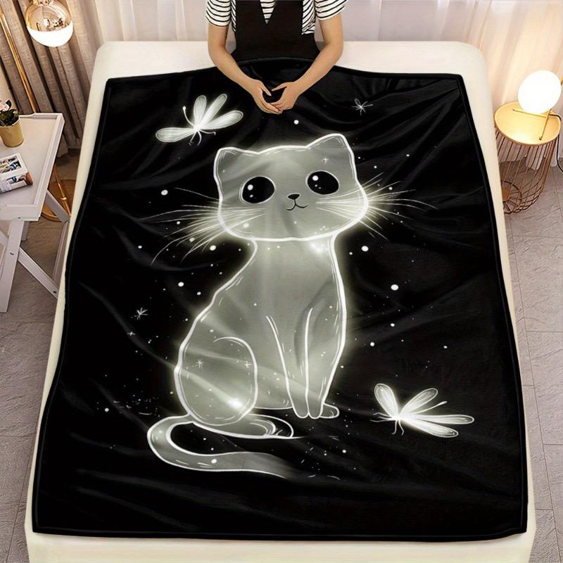1 Piece Glow Cat and Firefly Flannel Throw - Soft Lightweight All-season Comfortable Sofa Bedroom Living Room Blanket