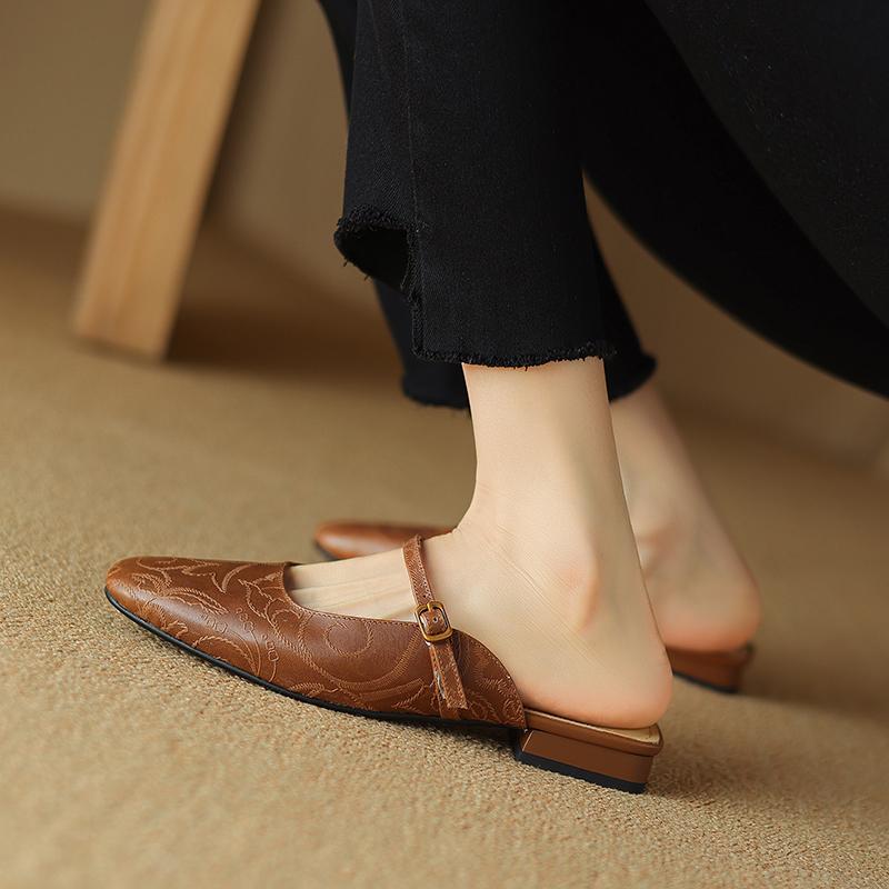 Fashion 2025 Summer Women Mules Genuine Leather Women Shoes square Toe Chunky Heel Shoes Cover Toe Slingback Sandals Shallow Slippers