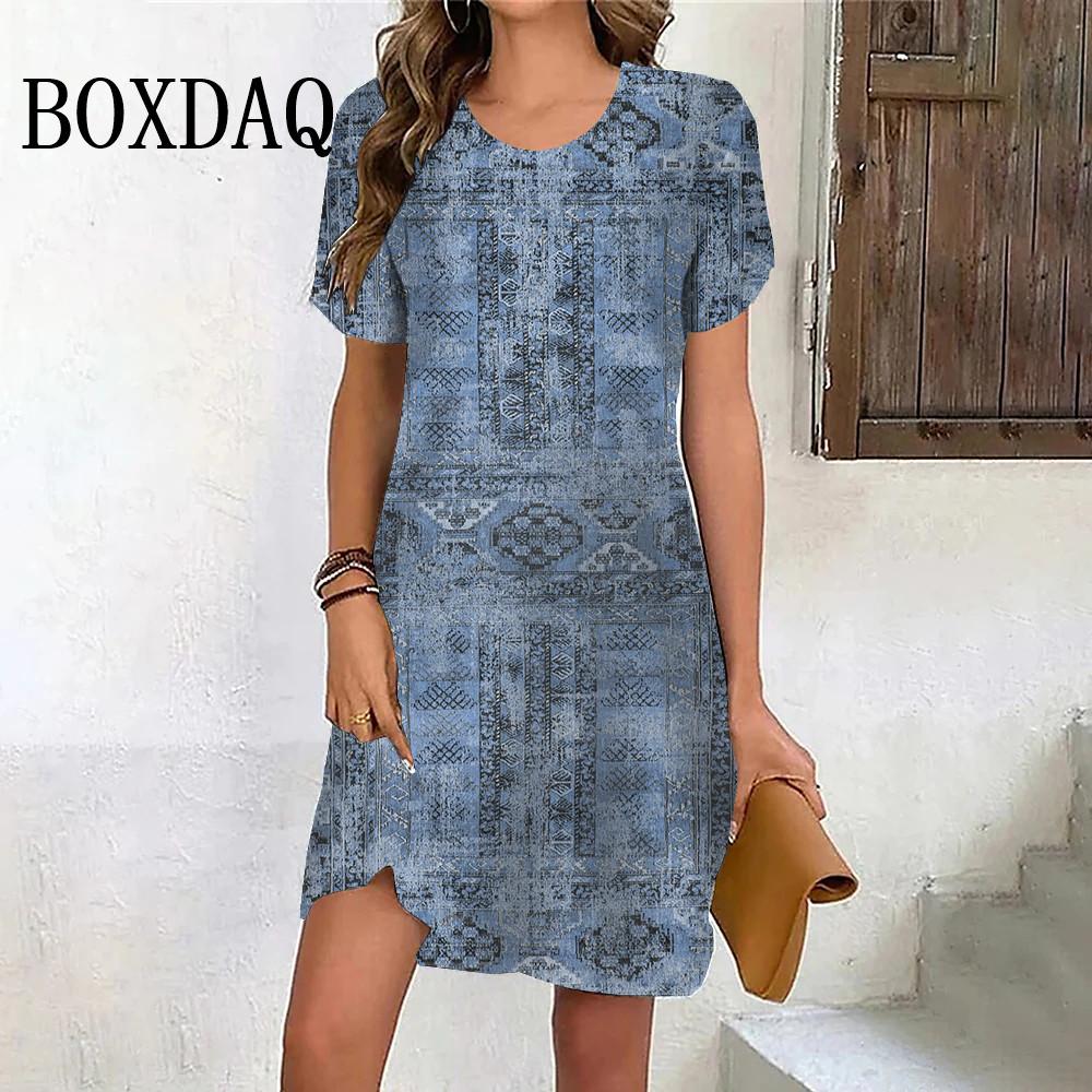 Vintage Pattern Print Dress Summer Women Pullover Short Sleeve Loose Oversized Clothes Casual Retro Female Mini Dress Sundress