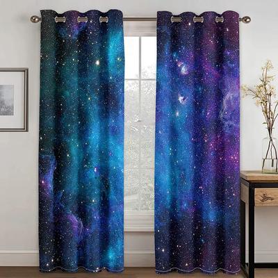 Blue Purple Galaxy Window Curtains, Left and Right Double Opening,Space Planet Stars Light-filtering Curtain Drapes for Bedroom