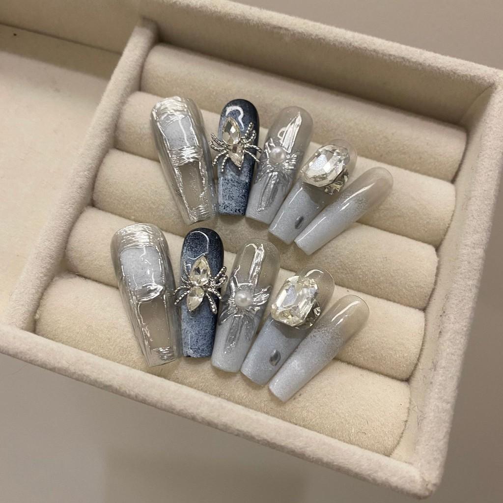 HANDMADE Lengthen Ballerina Shape/lengthen Long Trapezoid Dark Style 3D Metallic Silver Spider Blue Gradient Callous Summer Fake Nails Art Reusable