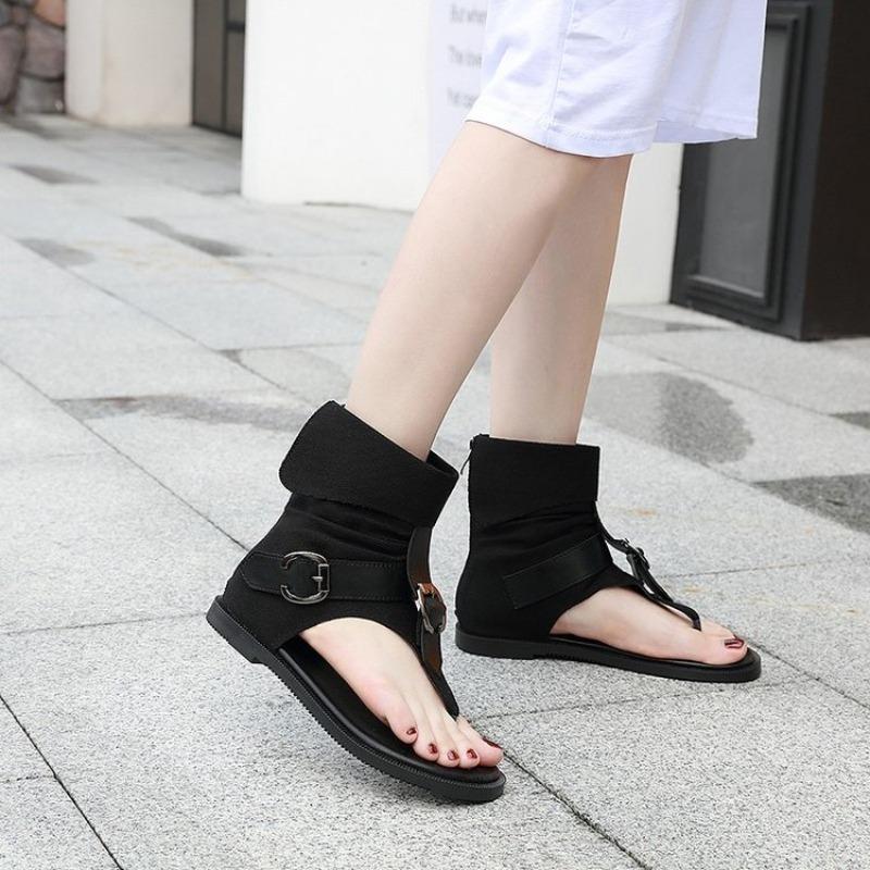 New Round Toe Clip Toe Sexy Rear Zipper Beach Shoes in Summer Stylish Comfortable Solid Color Non-slip Exposed Toe Flat Sandals