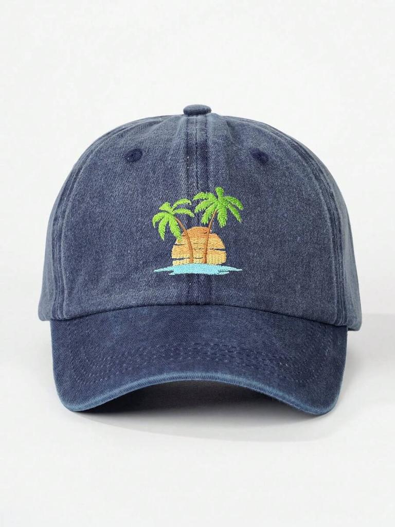 Embroidered Palm Tree Washed Cotton Baseball Cap For Adults Sun Protection Outdoor Leisure Hat