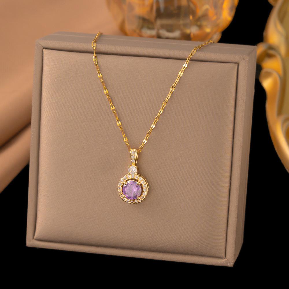 Luxury Romantic Purple Crystal Zircon Flowers Pendant Necklace for Women Bride Wedding Gold Color Stainless Steel Jewelry Gift