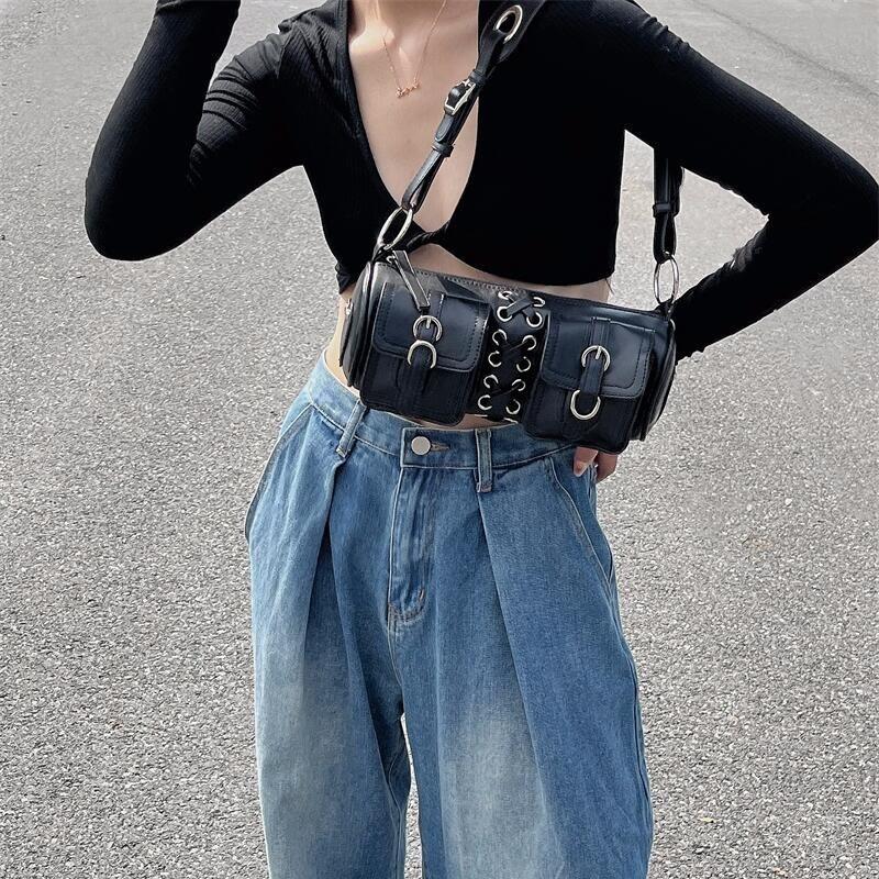 High-end Design Niche Hot Girl Bag Woven Double Pocket Cylinder Bag Underarm Bag Versatile Motorcycle Style Crossbody Bag