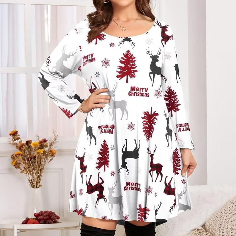 Women's Fashion Christmas Print Midi Sleeve Plus Size Dresses